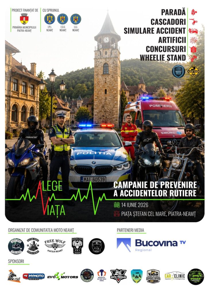 Comunitatea Moto Neamț organizează, pe 14 iunie 2026, în Piața Ștefan cel Mare din Piatra Neamț, o campanie de prevenire a accidentelor rutiere, cu paradă moto, cascadori, simulare de accident, artificii, concursuri și wheelie stand.