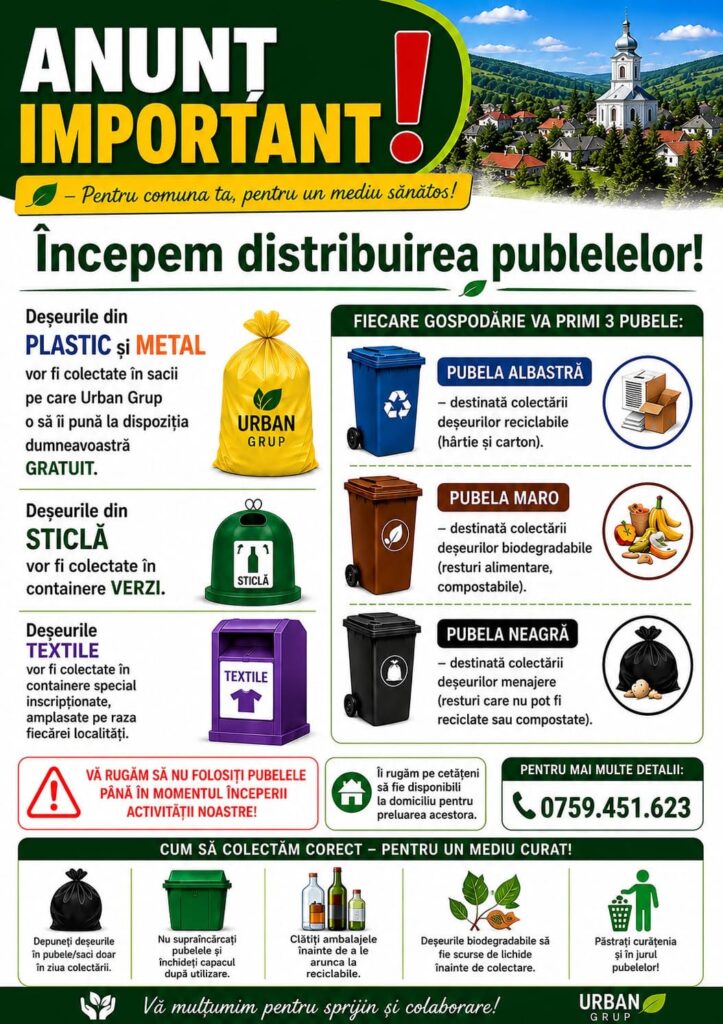 Primăria Pângărați anunță că a început distribuirea pubelelor în comună. Echipele Urban Grup Environment merg gospodărie cu gospodărie, iar pubelele nu trebuie folosite până la data oficială de începere a colectării.