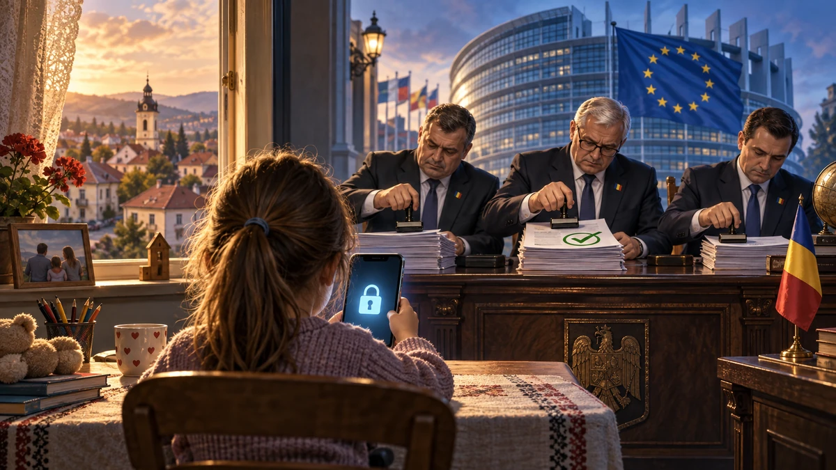 Ilustrație generată cu AI: un copil privește telefonul, în timp ce politicieni simbolici aprobă documente în fața steagului Uniunii Europene.
