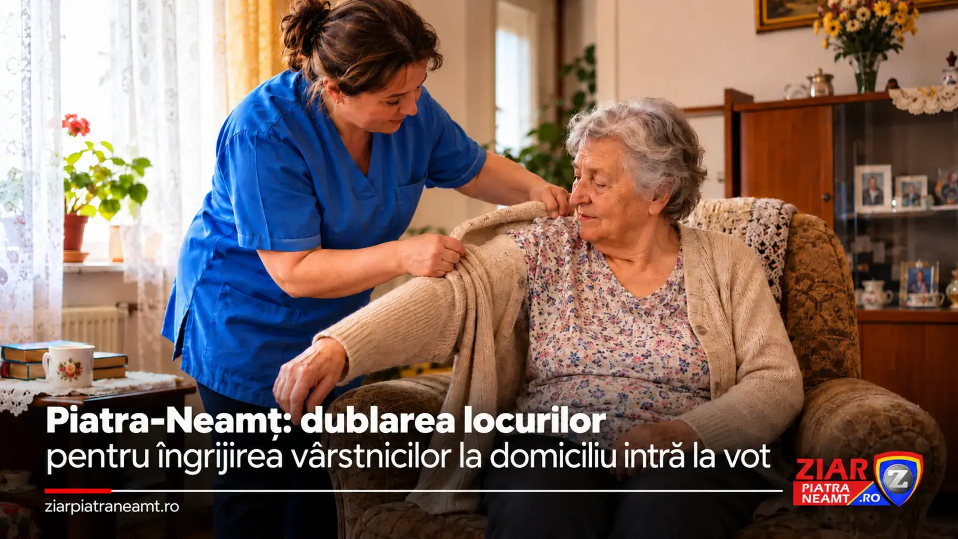 Copertă ilustrativă despre îngrijirea la domiciliu a vârstnicilor din Piatra-Neamț: o îngrijitoare ajută o femeie în vârstă.