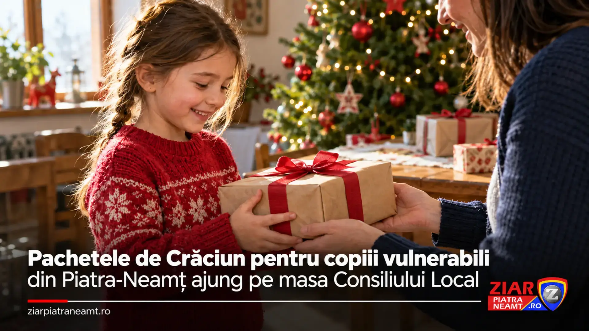 Copertă ilustrativă despre pachetele de Crăciun pentru copii: o fetiță primește un cadou lângă brad.
