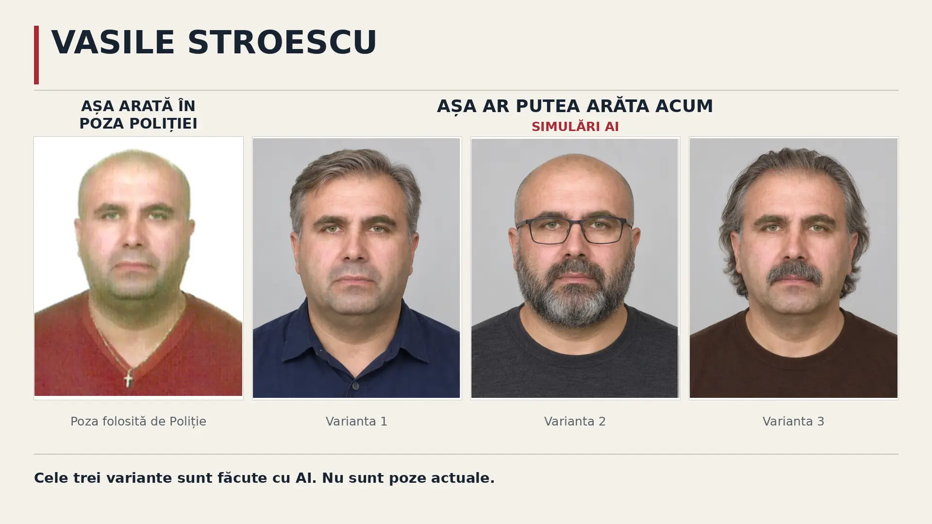 Vasile Stroescu — poza folosită de Poliție și trei simulări AI; variantele nu sunt fotografii actuale.