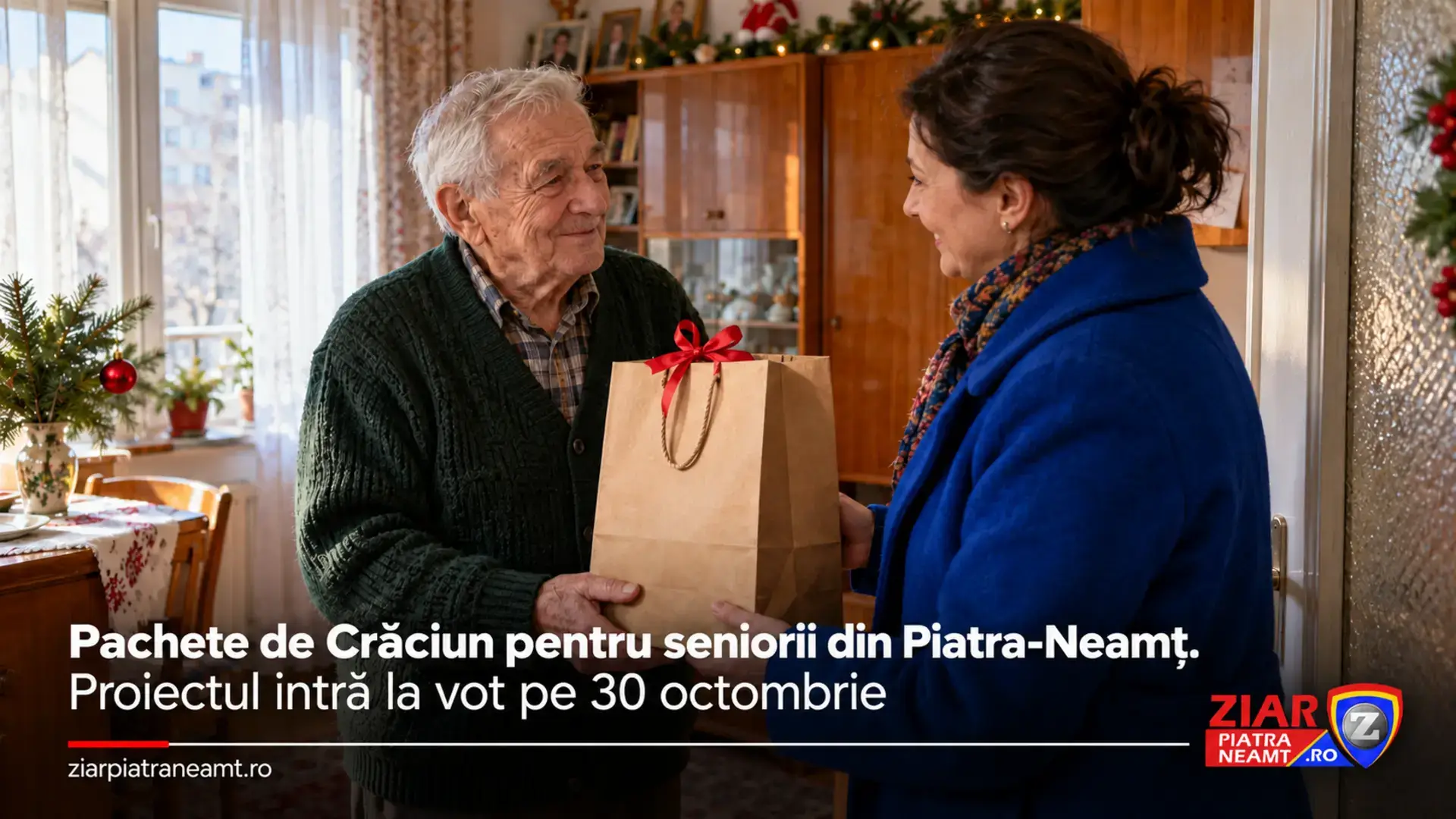 Copertă ilustrativă despre programul Sărbători pentru seniori din Piatra-Neamț: un vârstnic primește un pachet.