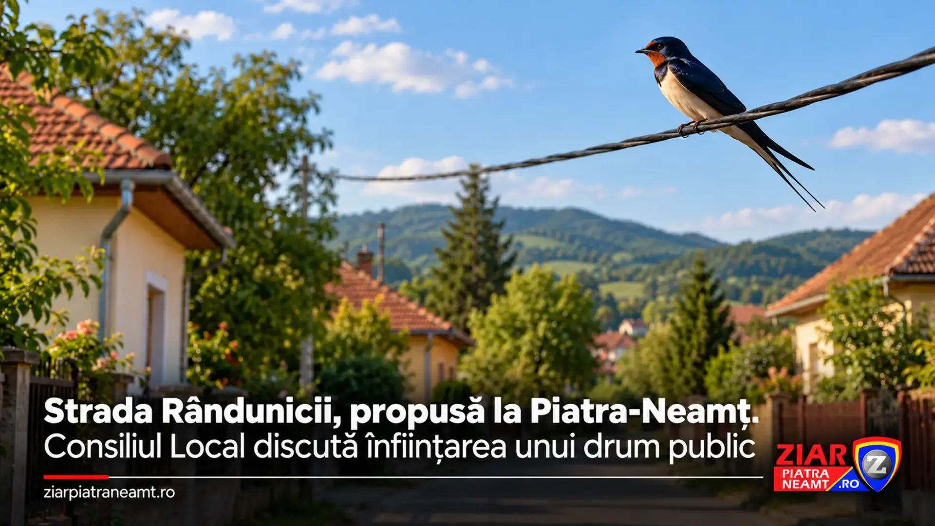Ilustrație pentru propunerea străzii Rândunicii din Piatra-Neamț: o rândunică și o stradă rezidențială.