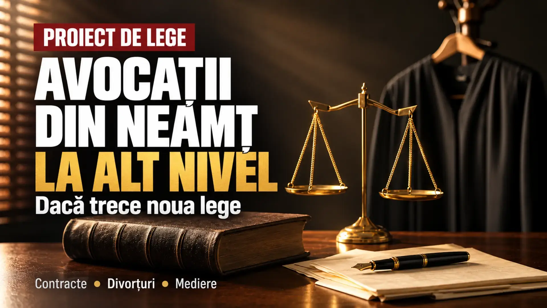 Copertă ilustrativă cu balanța justiției, o carte de drept și roba de avocat, pentru proiectul de lege privind profesia de avocat.