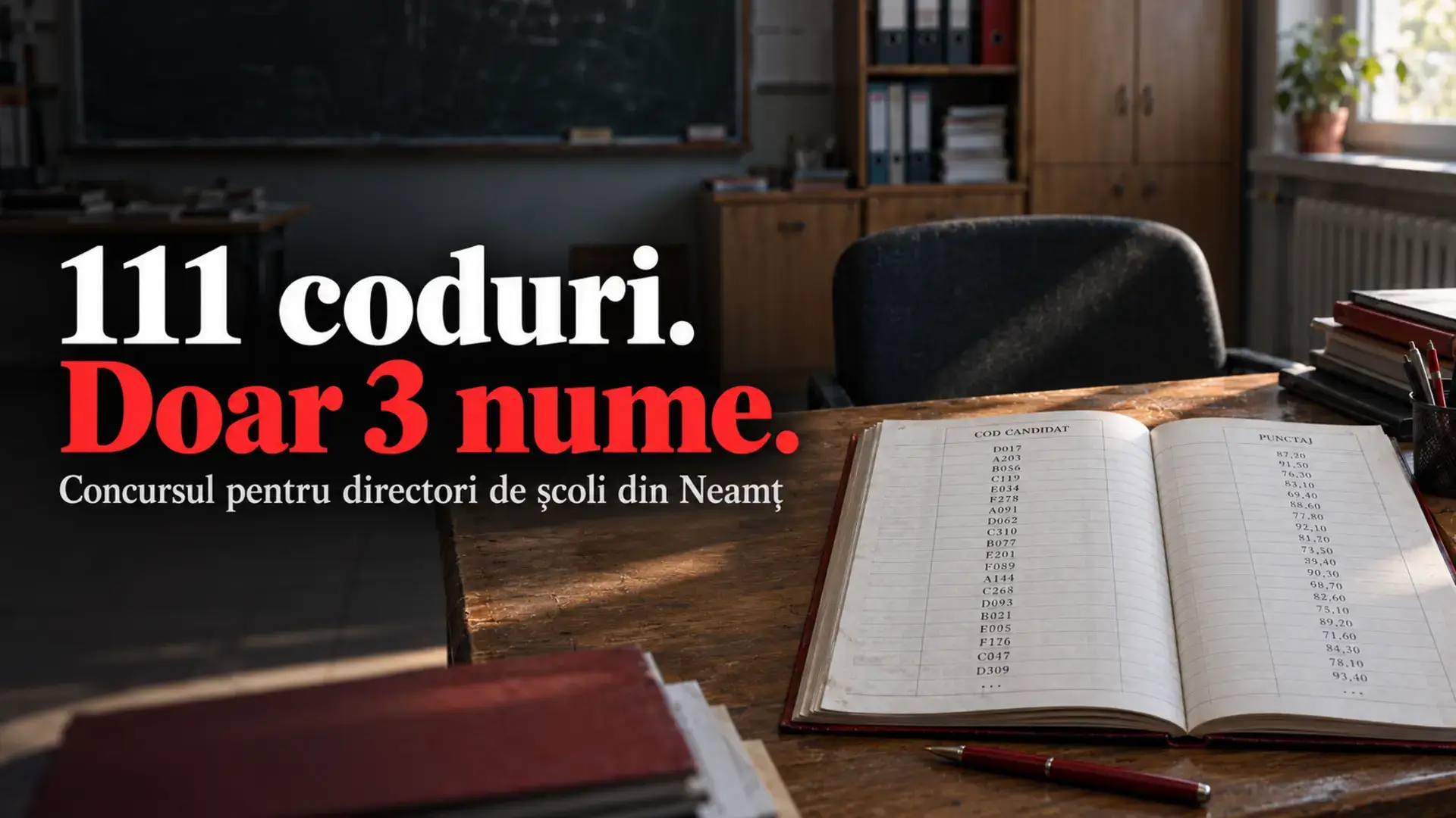 Ilustrație editorială cu o cancelarie și un registru; text: 111 coduri. Doar 3 nume.
