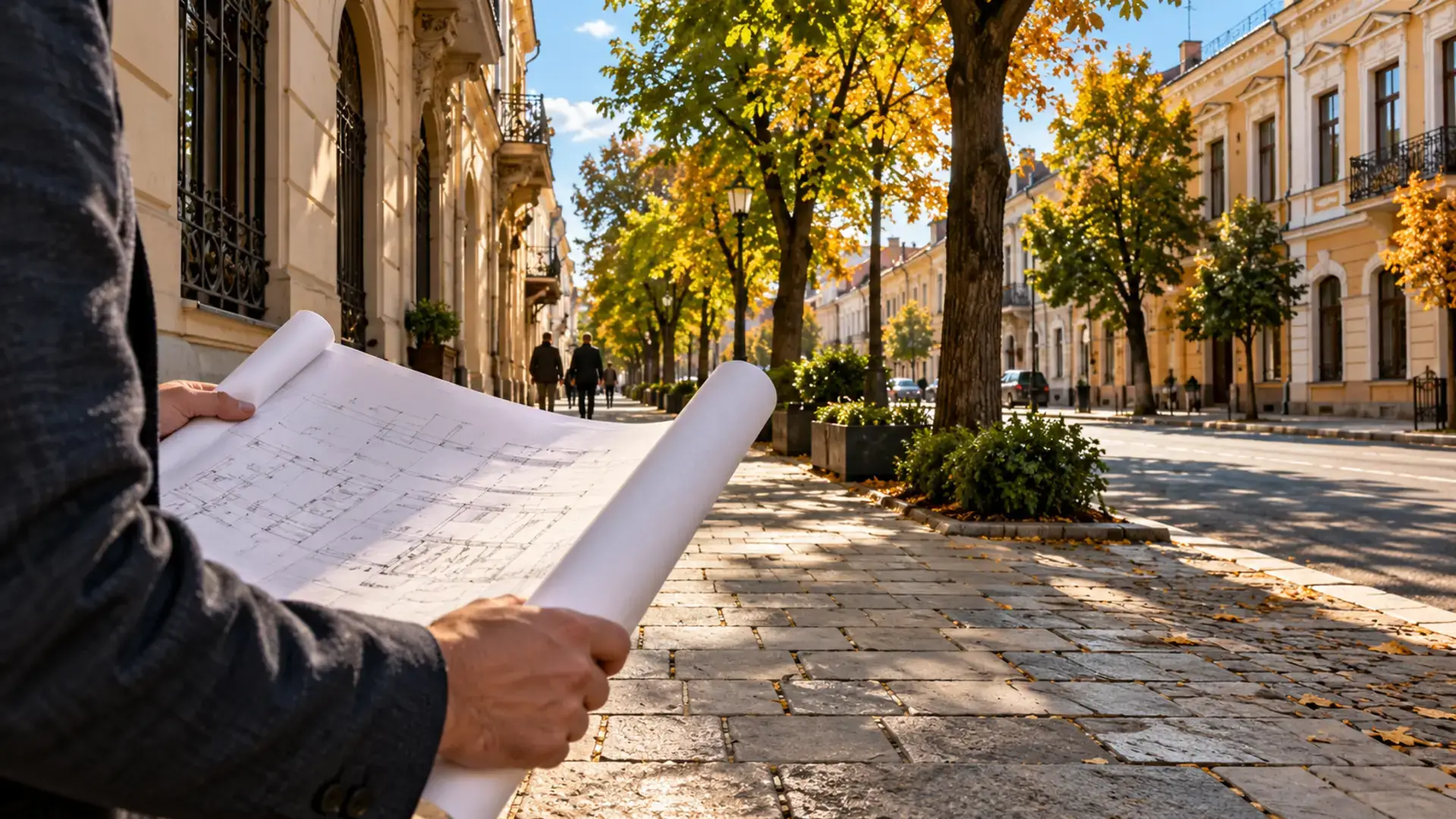 Planuri de amenajare urbană consultate pe o stradă cu clădiri istorice