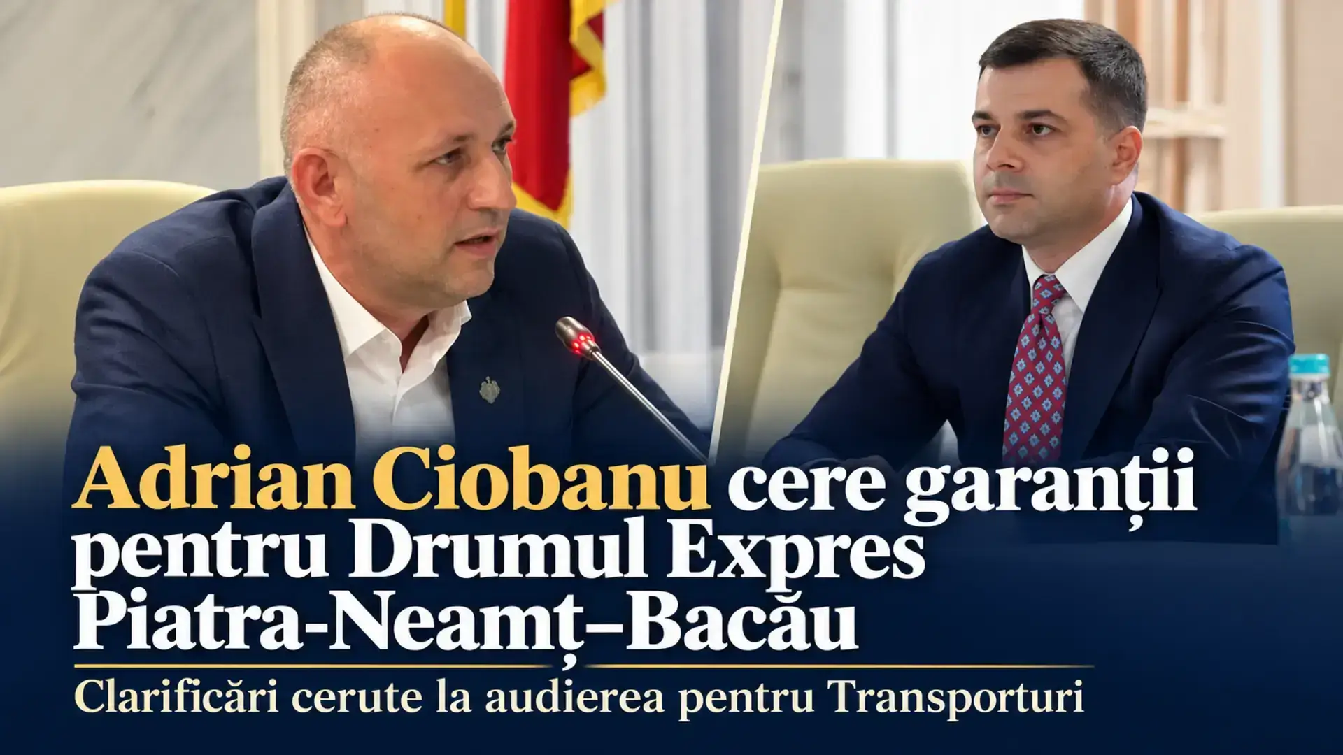 Colaj din două fotografii de la audiere, cu Adrian Ciobanu vorbind la microfon și un participant la ședință, pentru articolul despre Drumul Expres Piatra-Neamț–Bacău