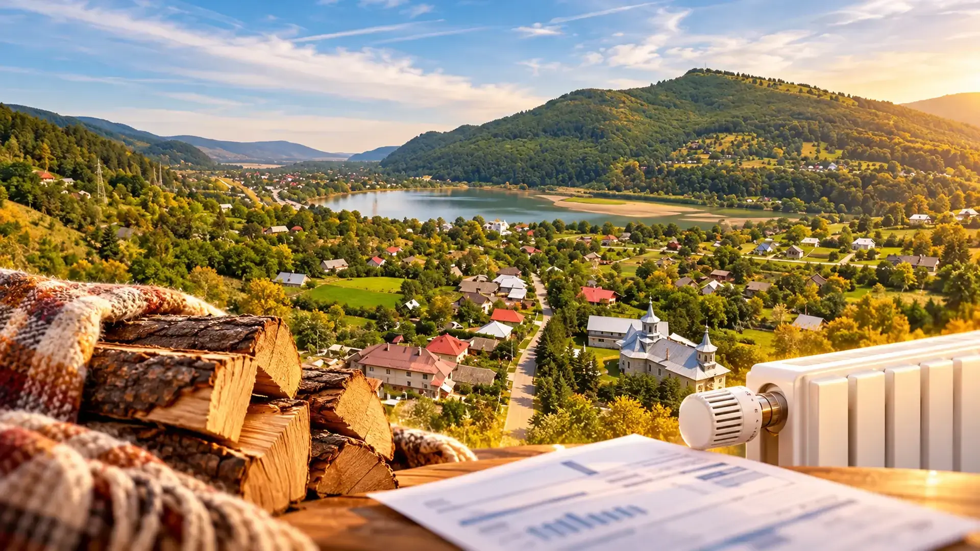 Colaj ilustrativ despre ajutorul pentru încălzire la Pângărați, cu panorama comunei, lemne de foc, calorifer și o factură de energie.
