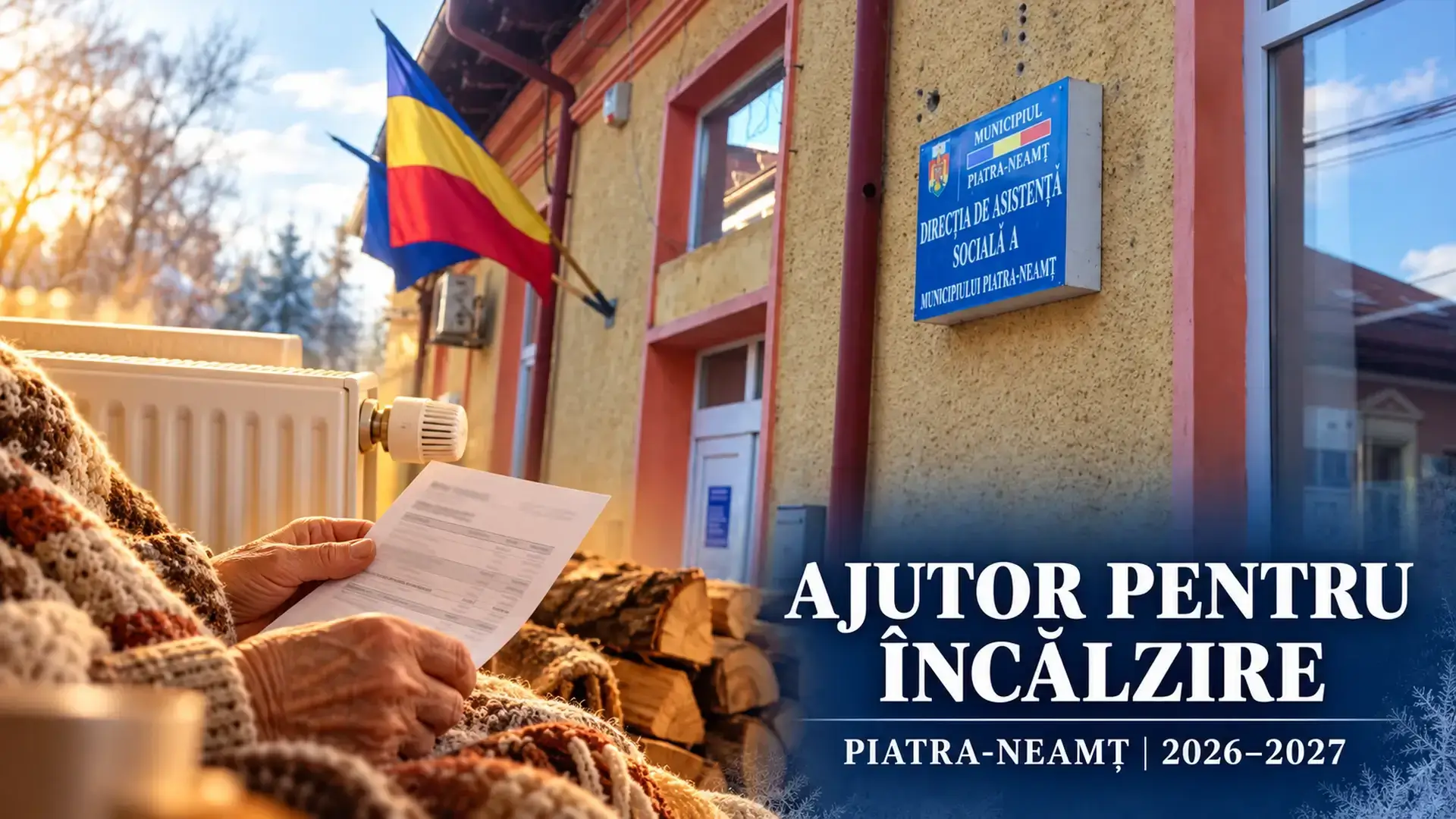 Colaj ilustrativ despre ajutorul pentru încălzire, cu sediul DAS Piatra-Neamț, calorifer, lemne și o factură de energie.