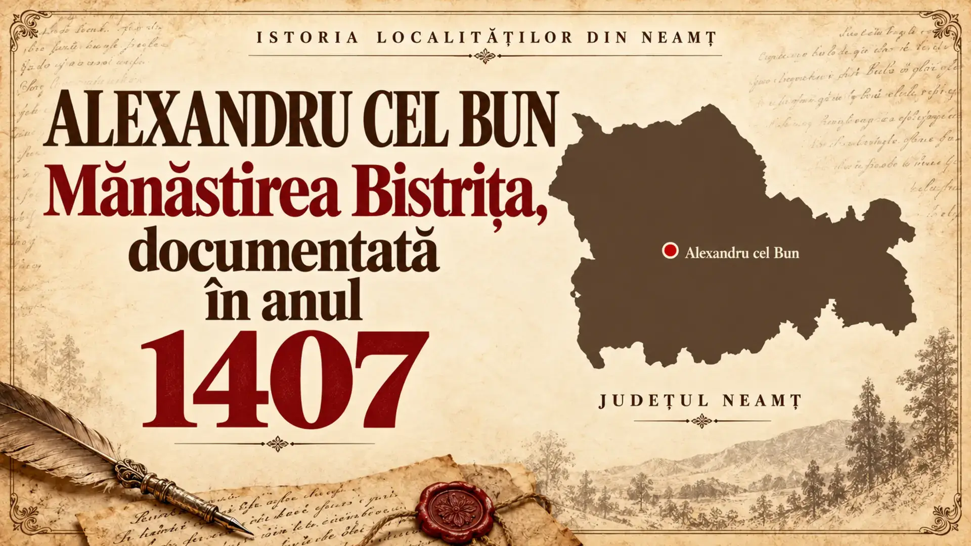 Copertă istorică despre Alexandru cel Bun, cu harta județului Neamț și un punct pentru Viișoara.