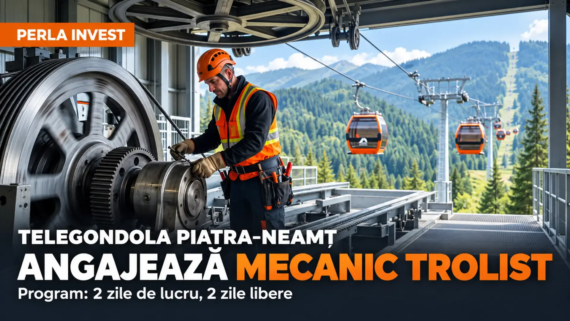 Grafică ilustrativă cu telegondolă și anunț de angajare, program două zile de lucru și două zile libere