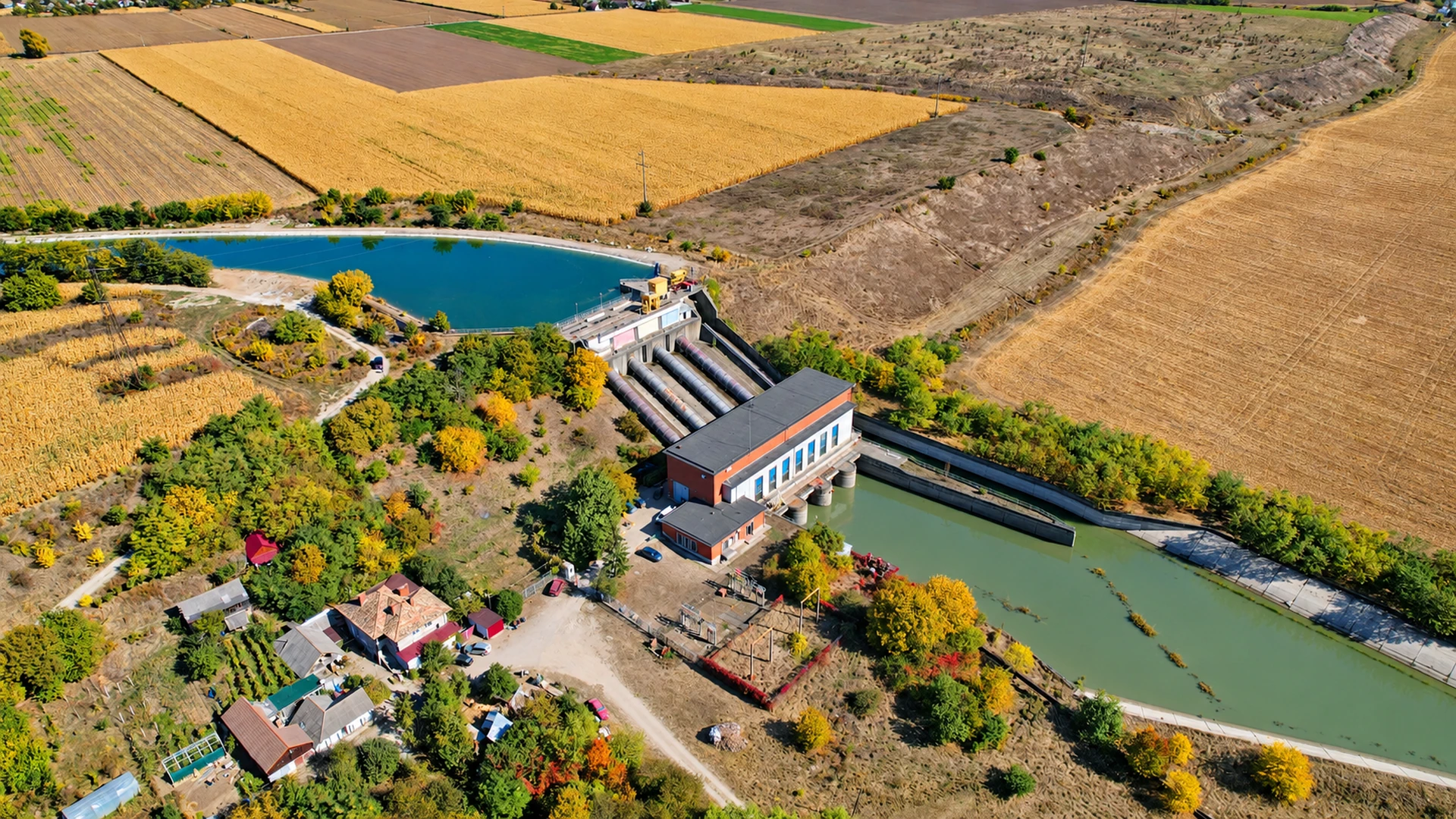 Vedere aeriană a hidrocentralei Vânători de la Săvinești, cu cele patru conducte, canalul de aducțiune și canalul din aval