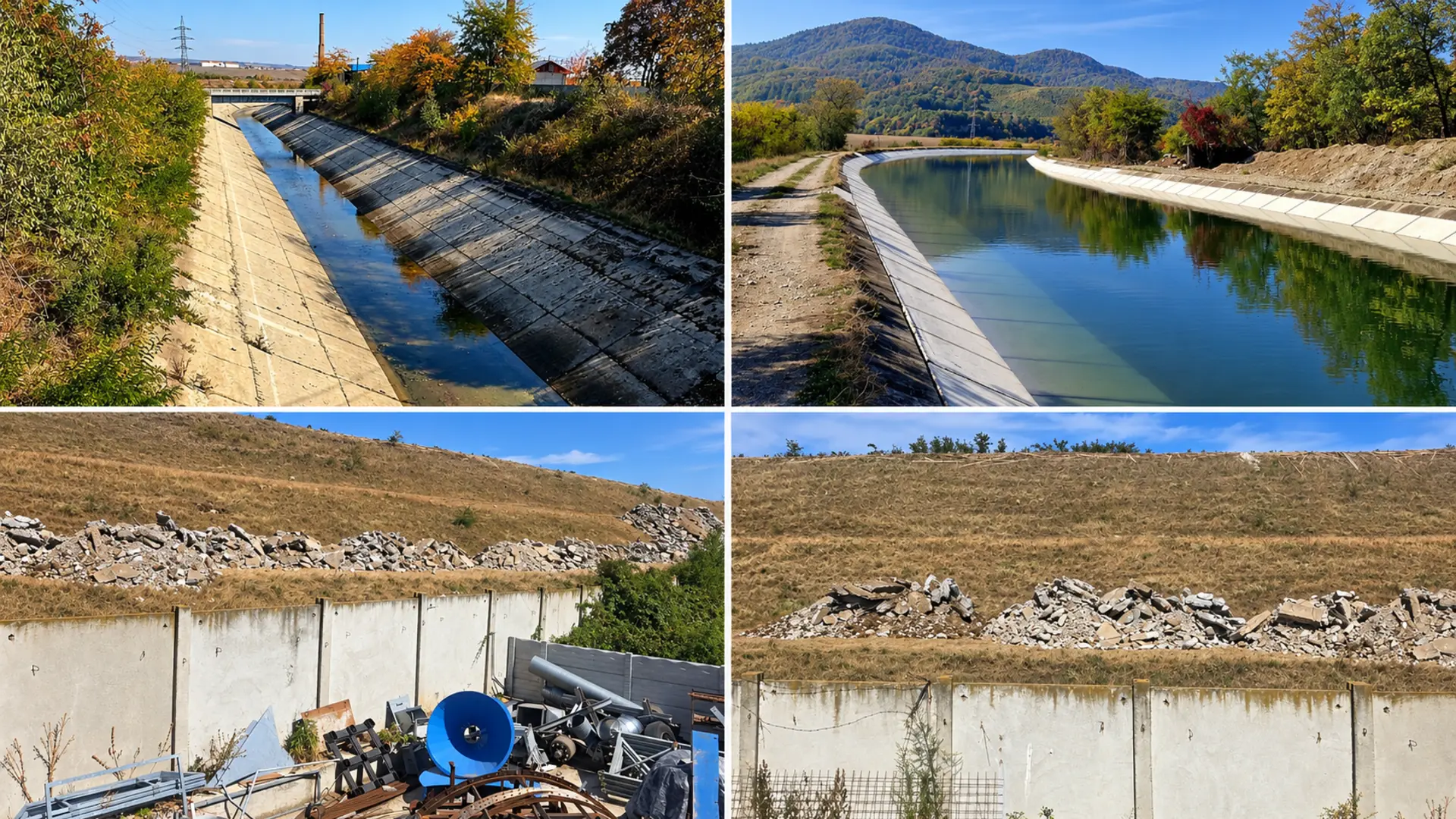 Colaj cu imagini ale canalului de aducțiune Vânători și ale fragmentelor de beton depozitate lângă taluz.