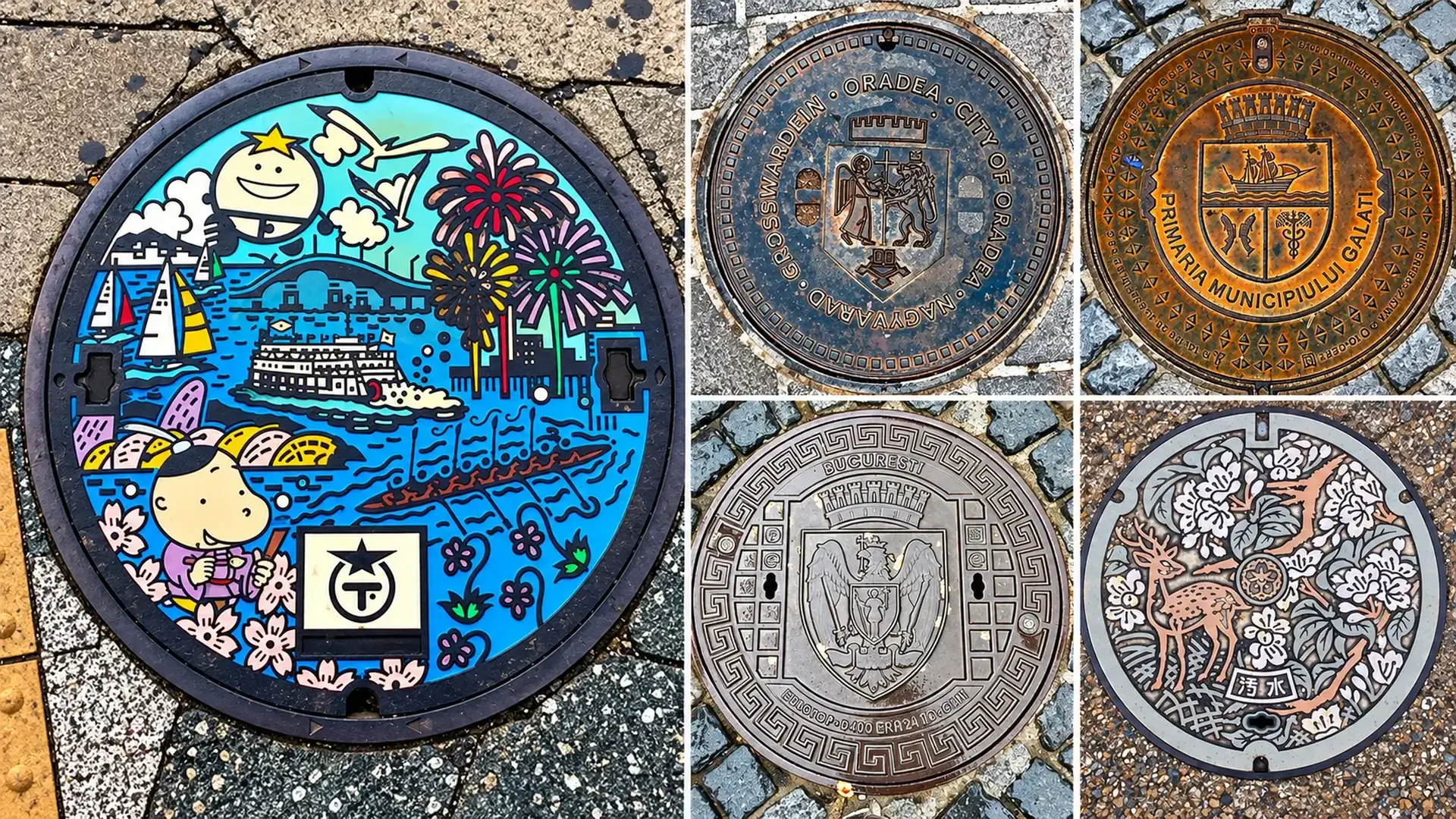 Colaj cu capace de canal din Oradea, Galați, București și Japonia