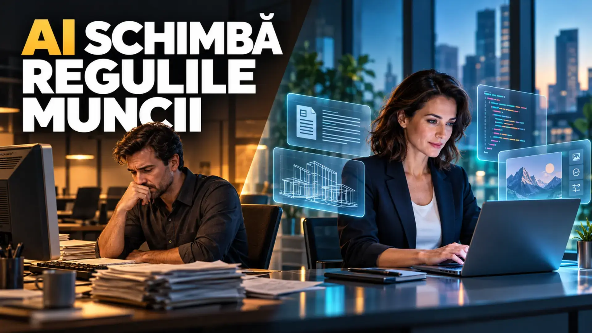 Ilustrație conceptuală: munca de birou tradițională și lucrul cu inteligența artificială, cu mesajul «AI schimbă regulile muncii».