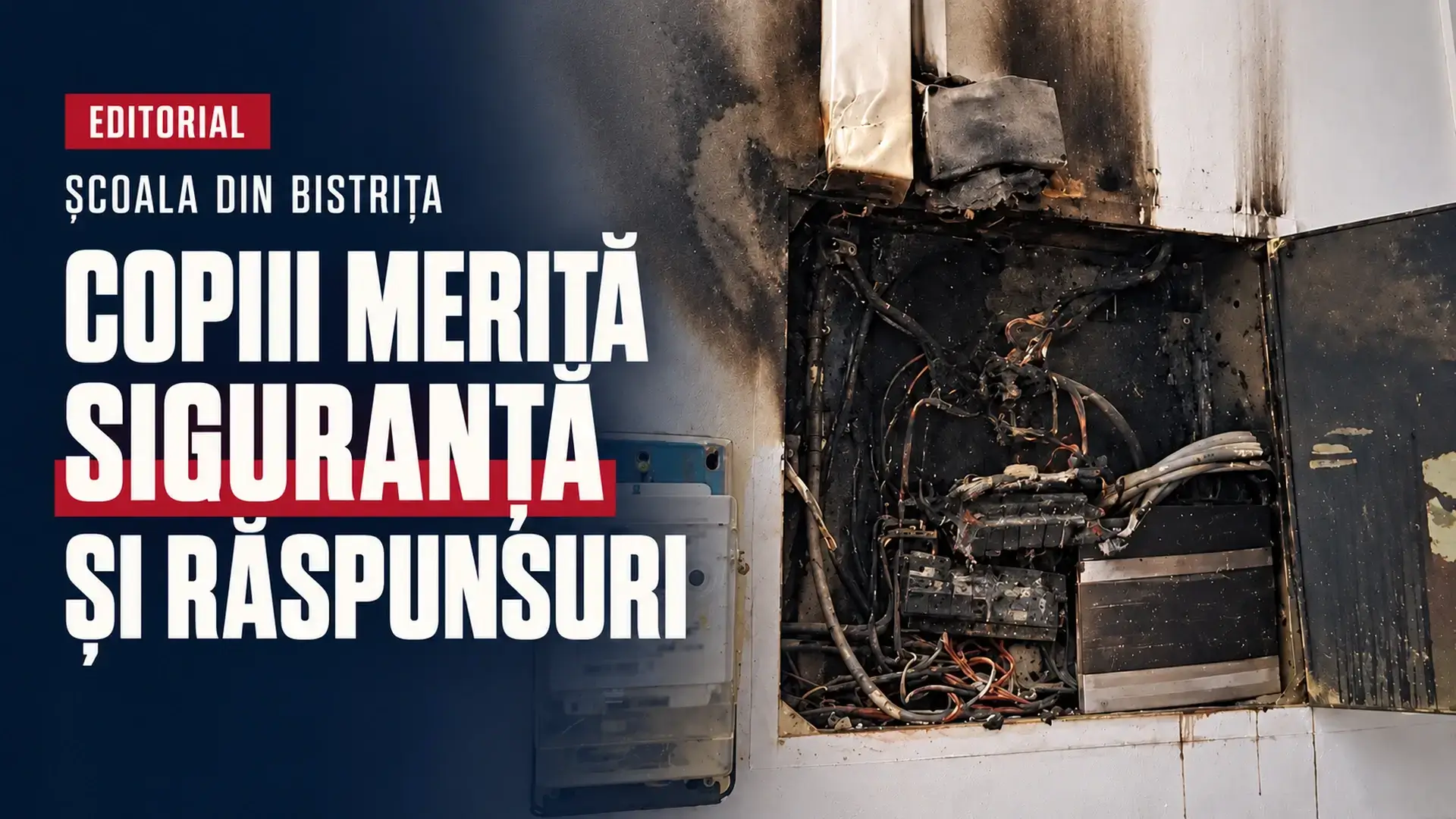 Copertă editorială realizată pe baza fotografiei tabloului electric ars de la școala din Bistrița