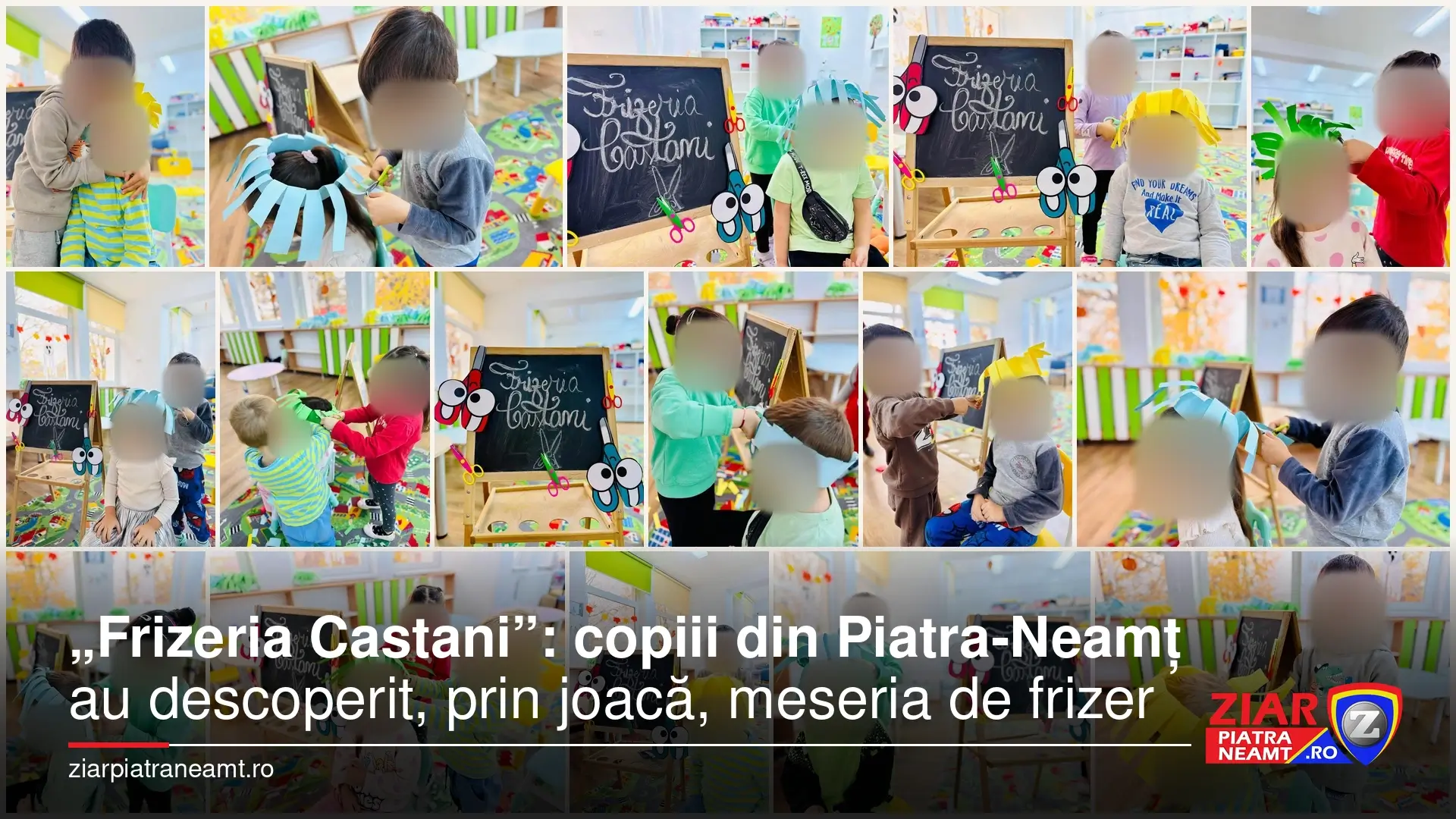 Colaj de la activitatea Frizeria Castani din Piatra-Neamț, cu fețele copiilor estompate