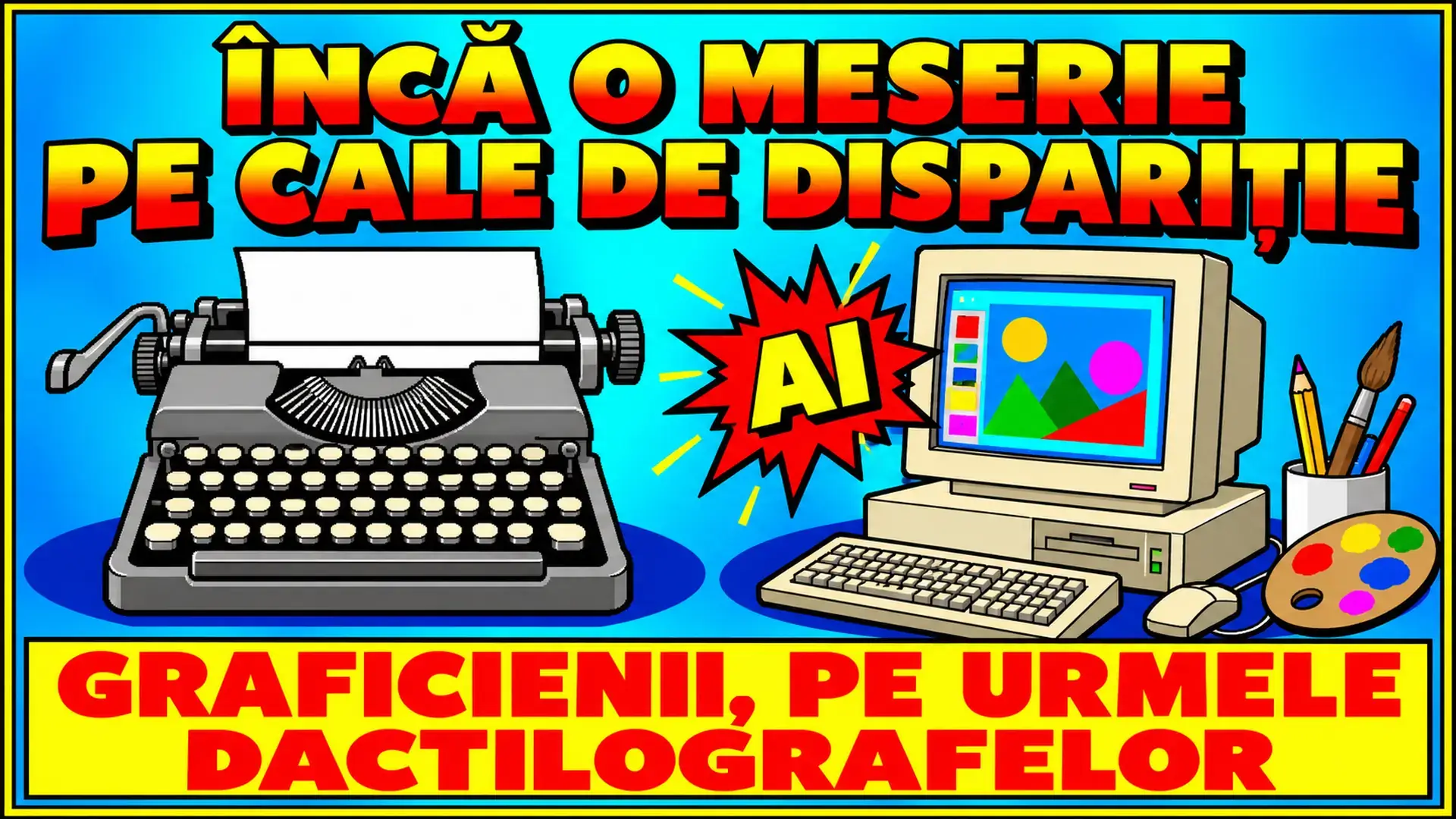 Afiș retro despre graficieni și inteligența artificială, cu o mașină de scris și un calculator vechi.