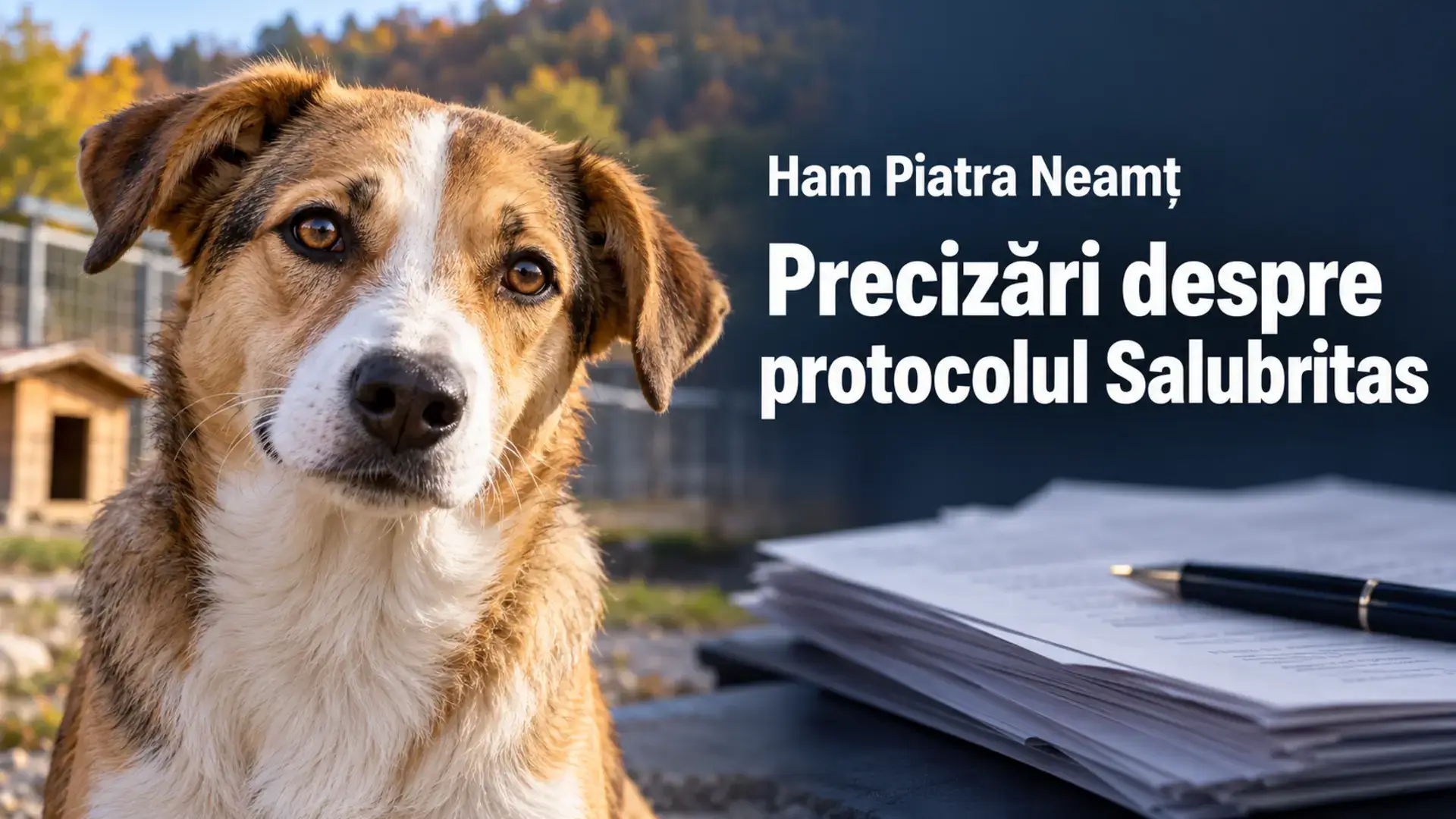 Copertă ilustrativă cu un câine și documente, despre precizările Ham Piatra Neamț privind protocolul Salubritas.