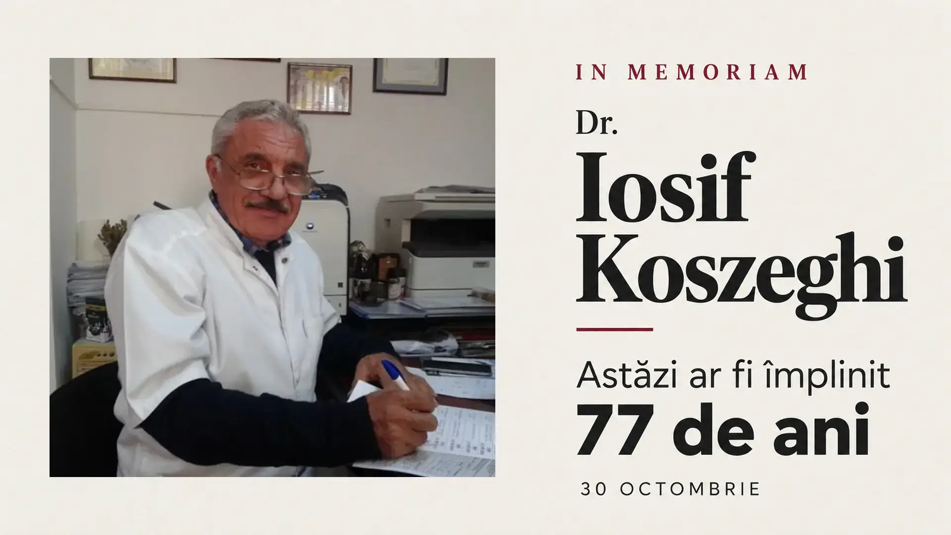 Dr. Iosif Koszeghi în cabinetul medical, pe coperta comemorativă la 77 de ani de la naștere