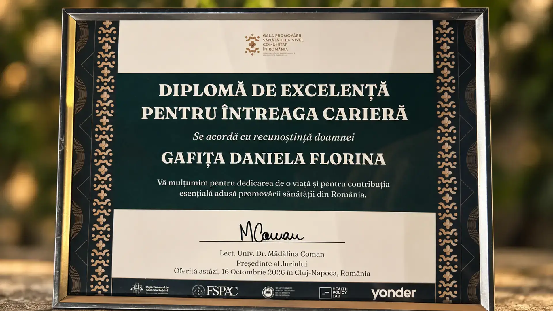 Diplomă de excelență pentru întreaga carieră în promovarea sănătății, acordată la Cluj-Napoca pe 16 octombrie 2026.