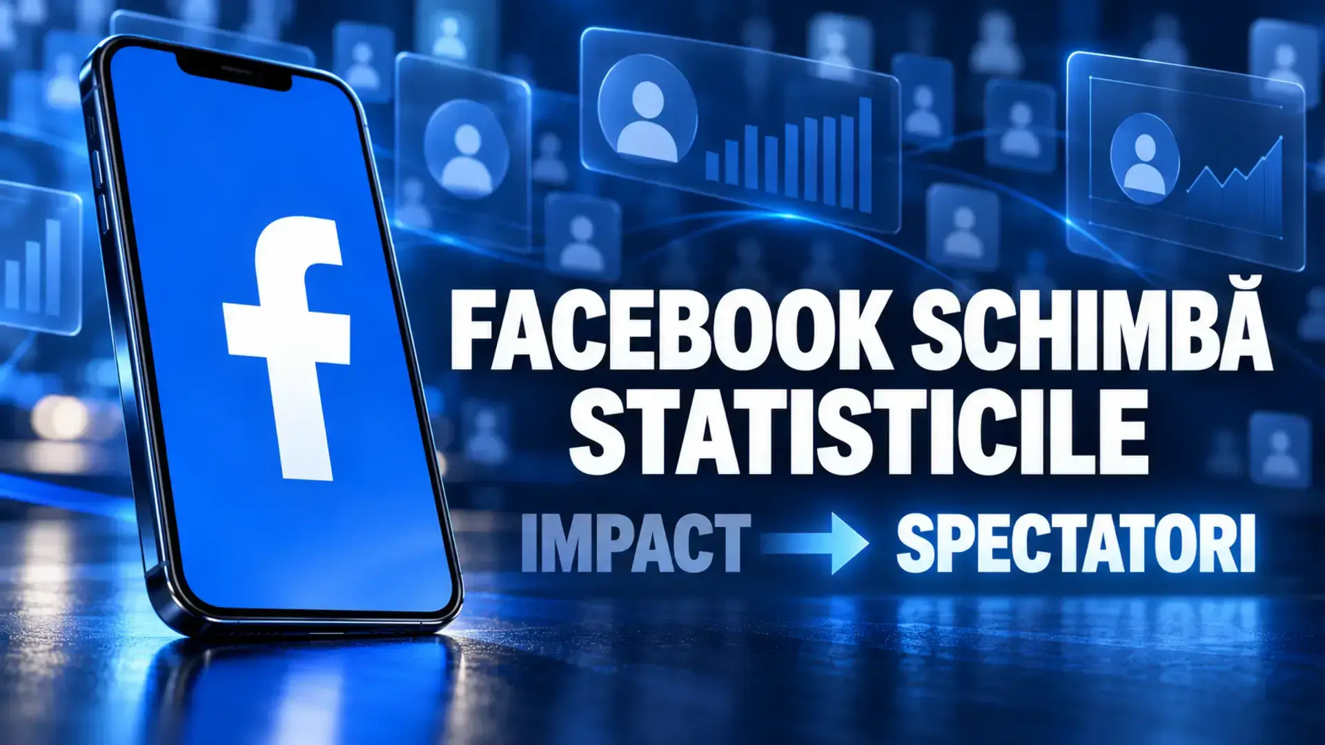 Copertă despre schimbarea statisticilor Facebook, de la Impact la Spectatori, cu un telefon și simbolul platformei