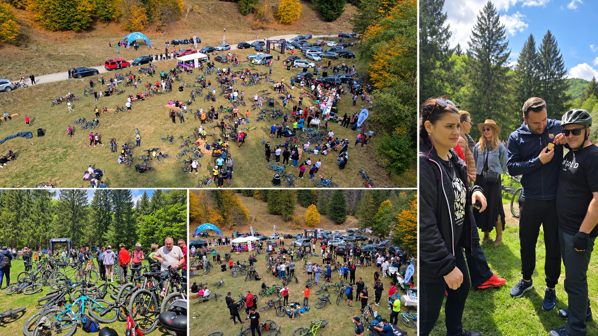 Colaj cu participanți și biciclete la Gârcina Bike Tour, în poienile împădurite ale comunei
