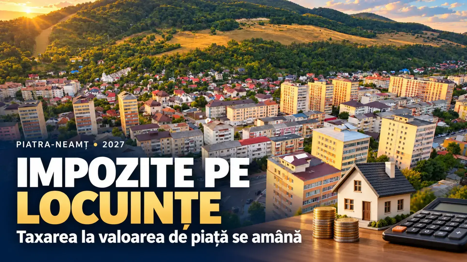 Copertă despre impozitele pe locuințe în Piatra-Neamț, cu panorama orașului, o casă, monede și un calculator.