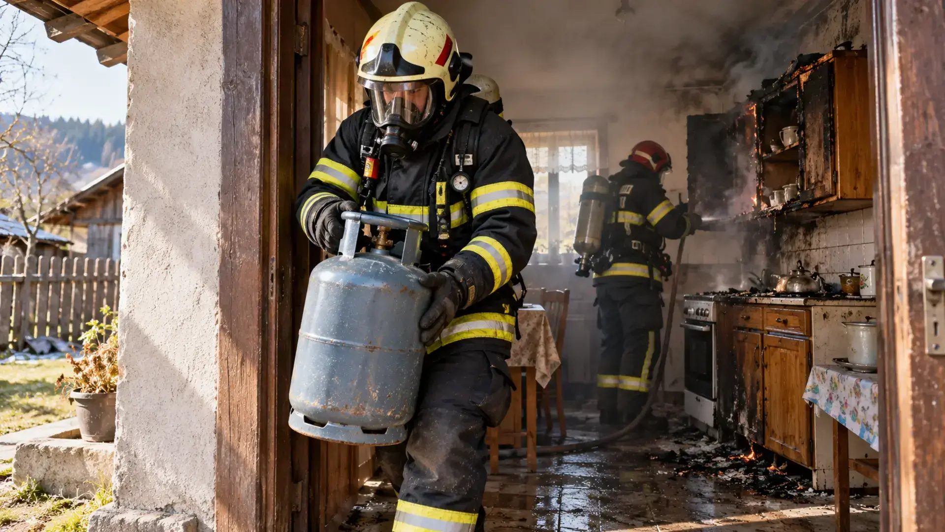 Fotografie sugestivă: pompier evacuând o butelie dintr-o bucătărie afectată de incendiu.