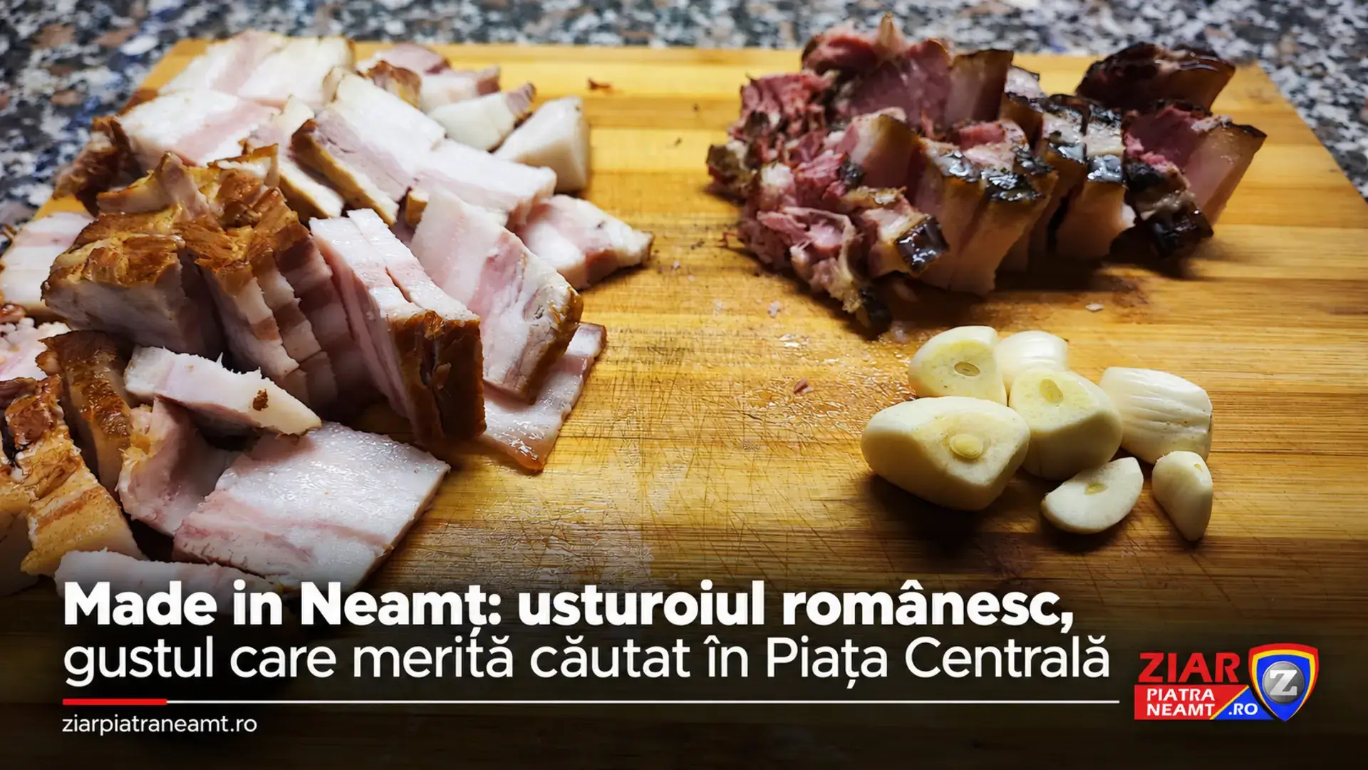 Usturoi alături de preparate din carne pe un tocător, pe coperta Made in Neamț despre usturoiul românesc.