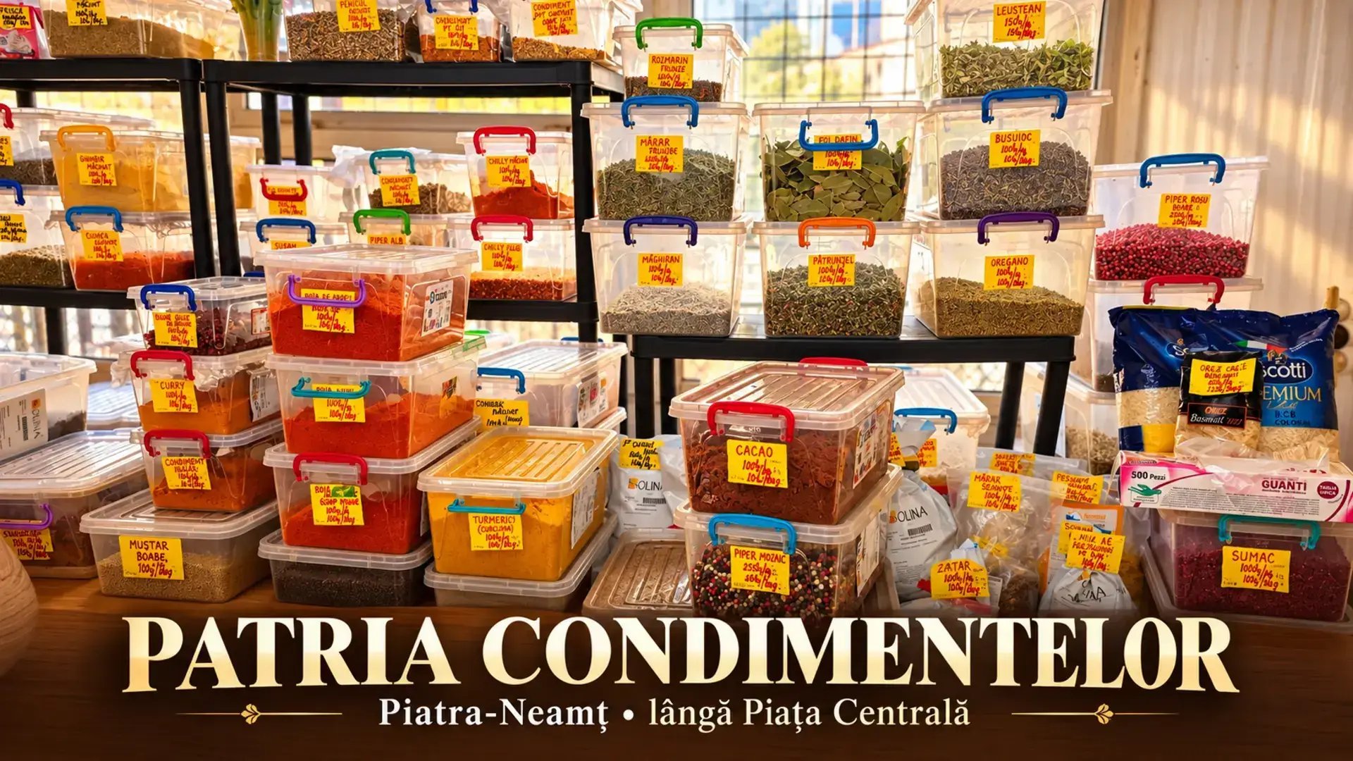 Recipiente cu boia, turmeric, piper și ierburi aromatice într-un magazin de lângă Piața Centrală din Piatra-Neamț