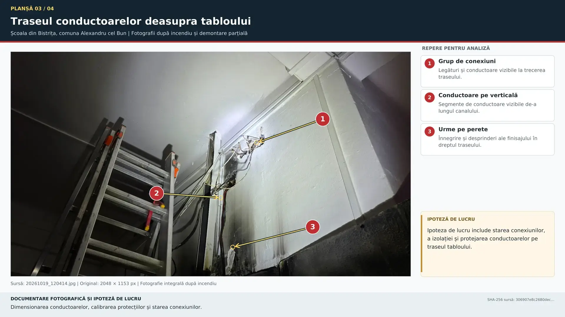 Planșa 3 cu traseul conductoarelor deasupra tabloului electric și reperele vizuale adnotate