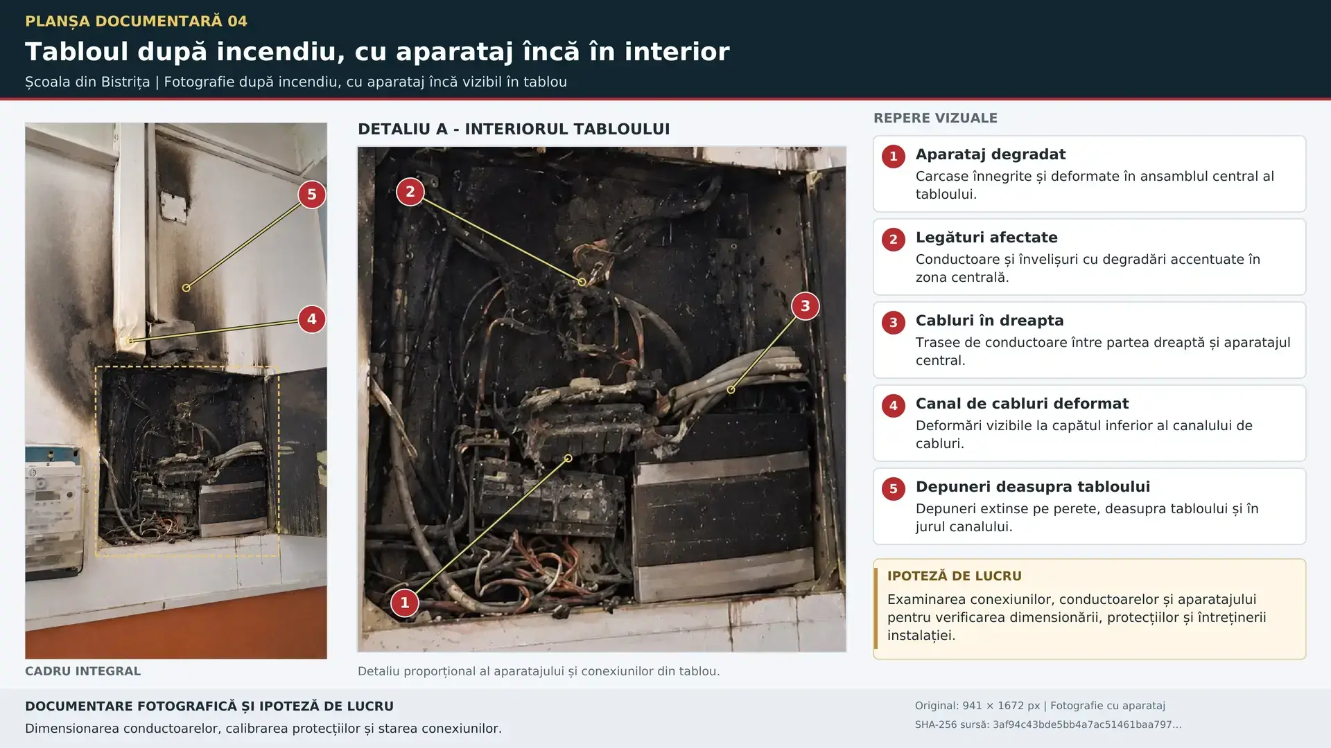 Planșa 4 cu fotografia tabloului electric după incendiu, cu aparataj încă în interior și detaliu mărit