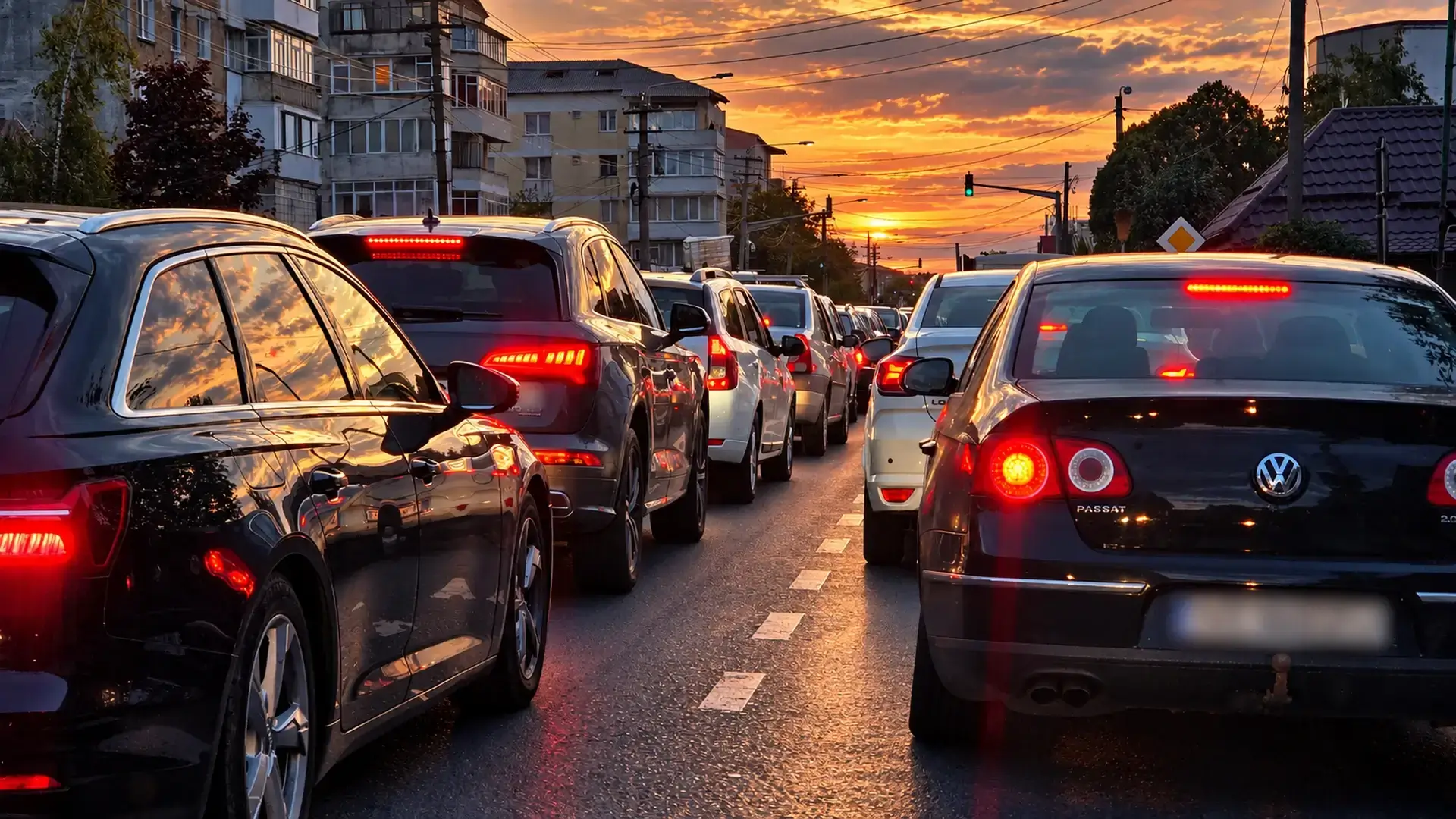 Coloană de mașini în Piatra-Neamț, cu numerele de înmatriculare blurate