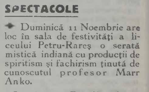 Captură originală din Avântul, ediția din 11.11.1934, despre Spiritism și fachirism la „Petru Rareș”