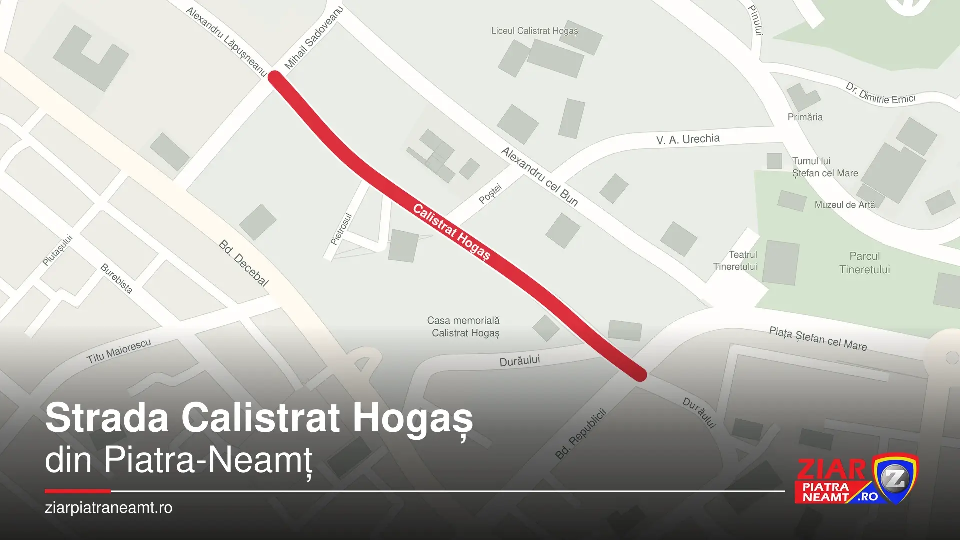 Strada Calistrat Hogaș din Piatra-Neamț, evidențiată cu roșu pe hartă, copertă Ziar Piatra-Neamț