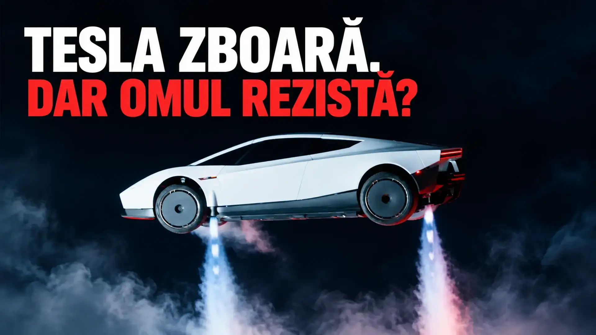 Copertă ilustrativă cu Tesla Roadster în aer și textul „Tesla zboară. Dar omul rezistă?”, realizată pe baza imaginii furnizate.