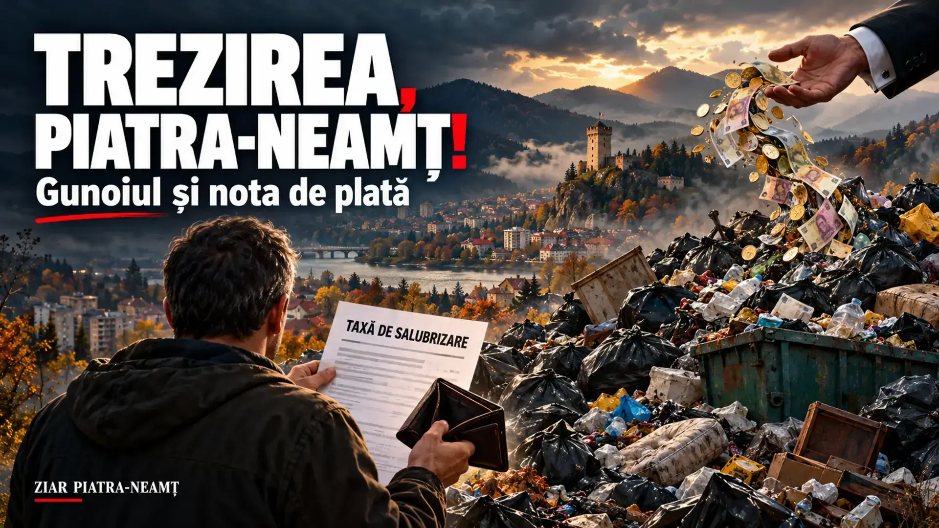 Ilustrație editorială despre taxa de salubrizare din Piatra-Neamț: cetățean cu declarația fiscală și portofelul gol, deșeuri și bani.